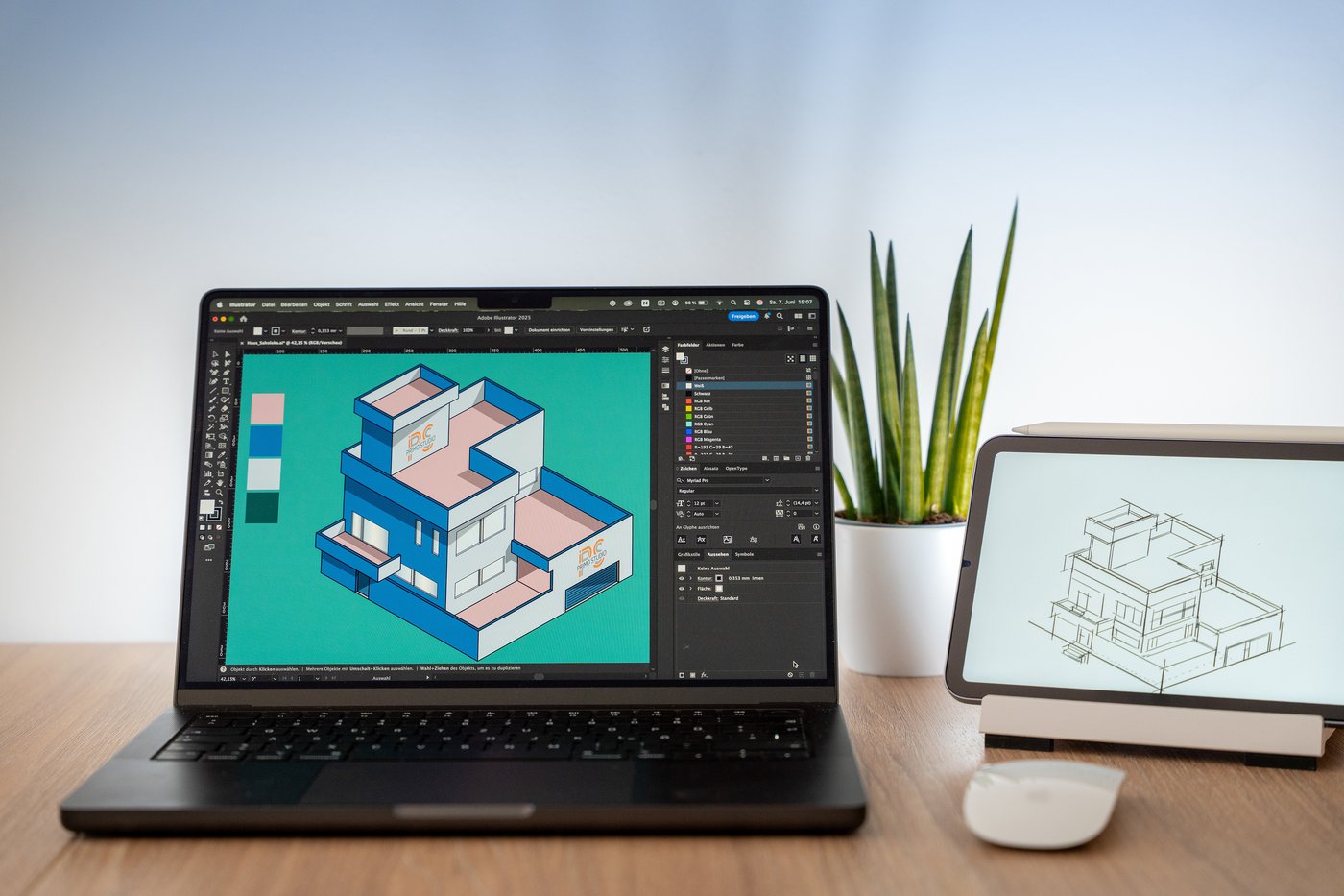 Grafikdesign-Arbeitsprozess bei Primo Studio: Illustrator-Entwurf und Skizze eines Gebäudes mit Primo-Studio-Logo